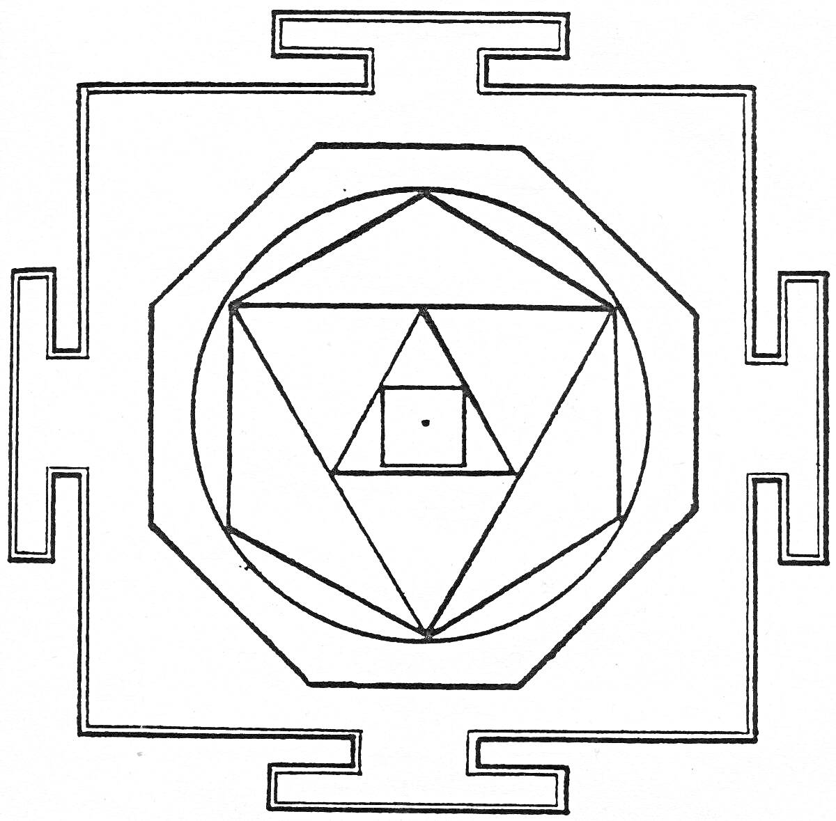 Раскраска Янтра с центральной точкой, квадратом в центре, окружённым треугольниками и окружностями, внутри восьмиугольника с внешними Т-образными фигурами