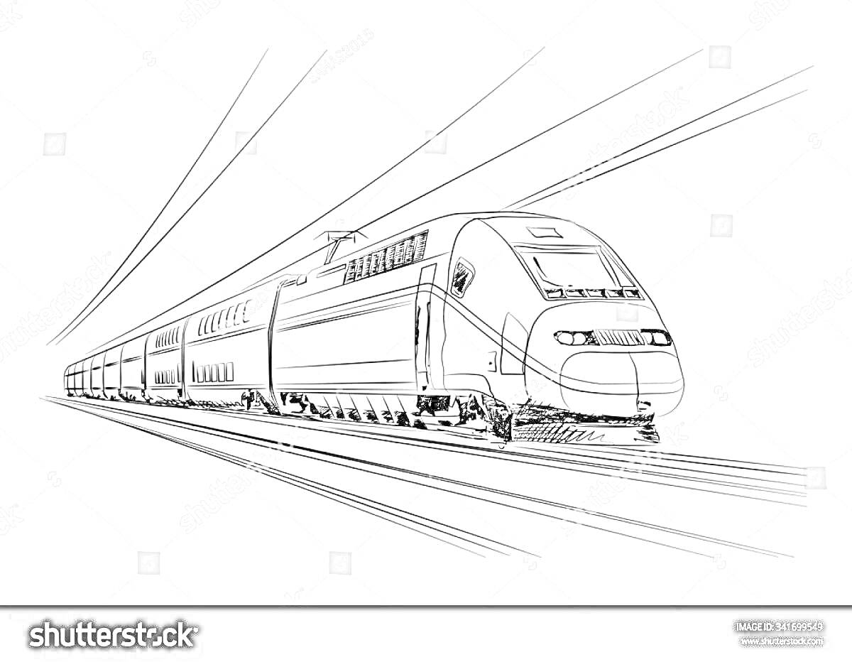На раскраске изображено: Скоростной поезд, Железнодорожные пути, Провода, Вагоны, Железнодорожный транспорт, Линия электропередачи, Движение, Перспектива, Техника