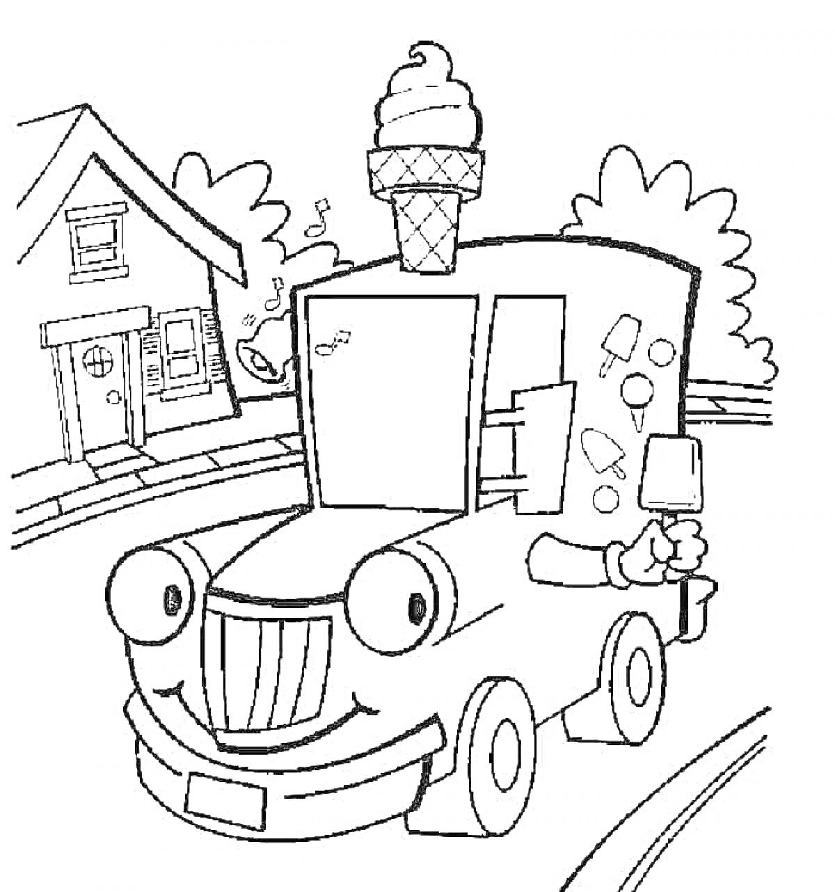 Машинка-мороженщик на фоне дороги с домом и деревьями