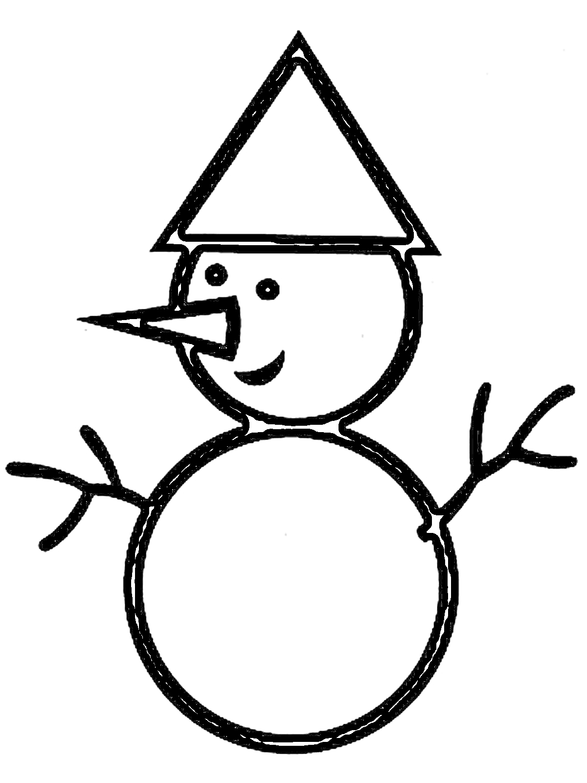 Раскраска Снеговик с треугольной шляпой, морковочным носом, круглыми глазами, веточками вместо рук