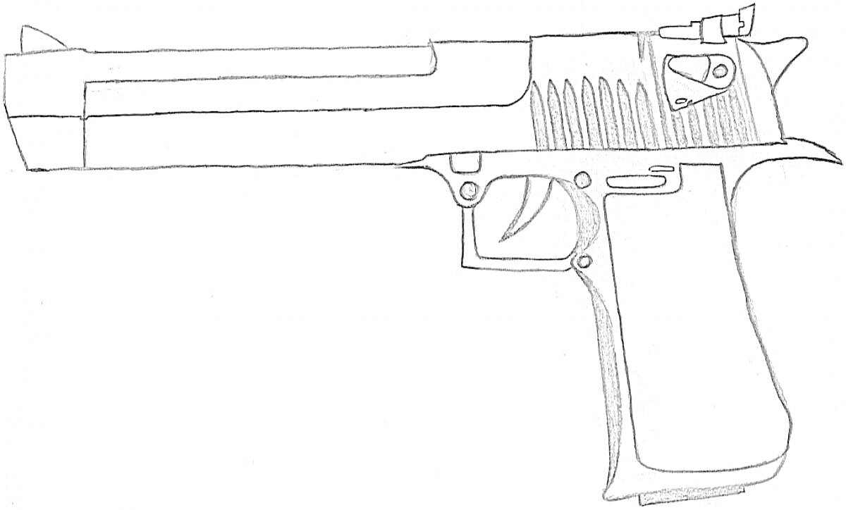 Раскраска Пистолет Desert Eagle с деталями корпуса, затвора, спускового крючка и прицела