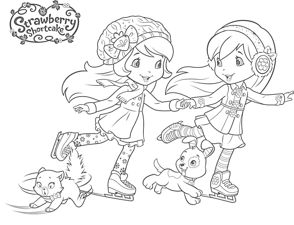 На раскраске изображено: Шарлотта земляничка, Зимняя одежда, Коньки, Собака, Для девочек