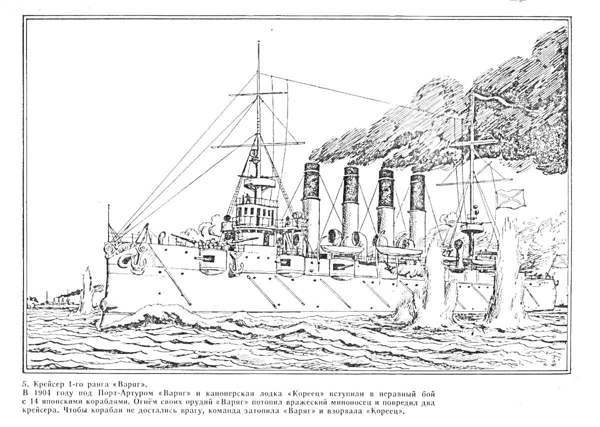 Раскраска Крейсер Аврора в море, с башнями, трубами и флагами, снаряды взрываются в воде