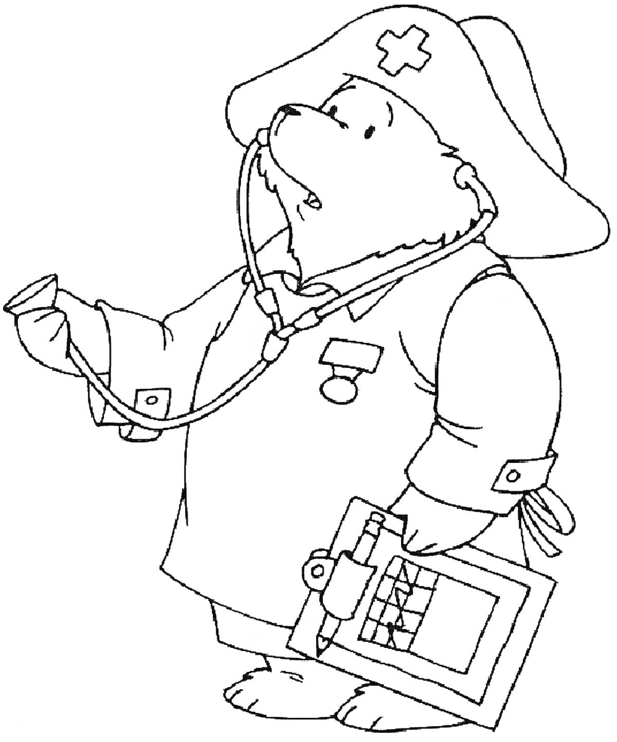 Раскраска Медвежонок-врач со стетоскопом, шляпой с крестом и планшетом с диаграммами