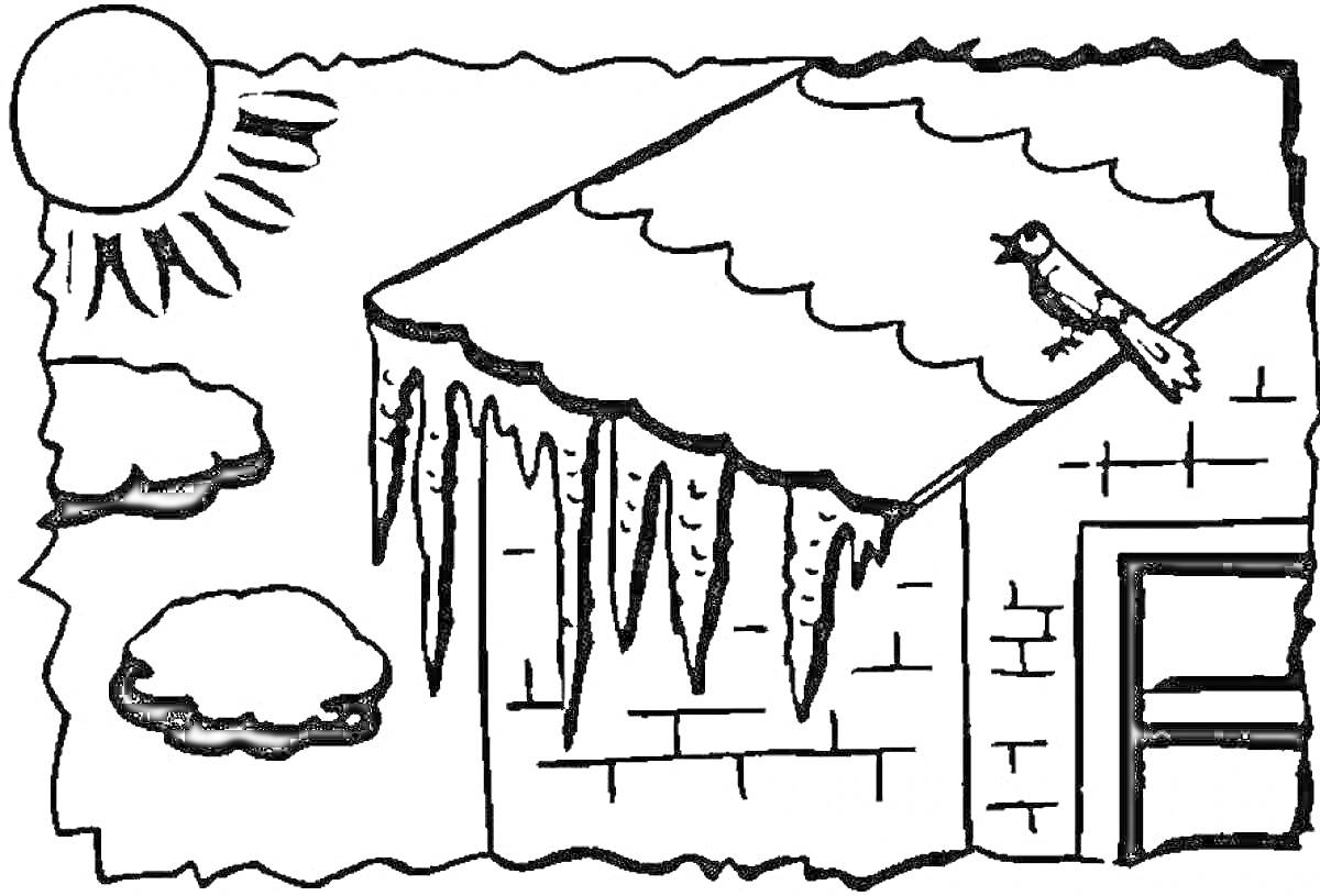 Раскраска сосульки на крыше дома с птицей, солнцем и облаками