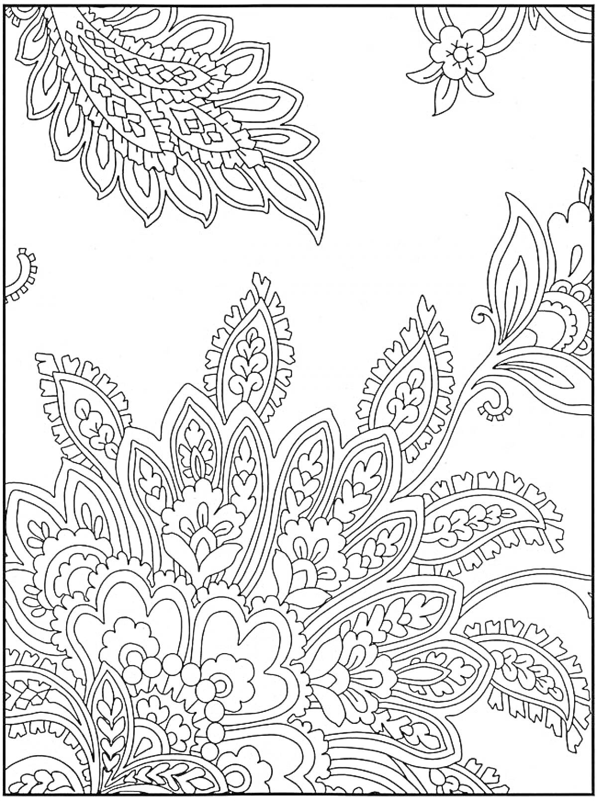 На раскраске изображено: Узоры, Цветы, Листья, Растительный орнамент, Сложные узоры