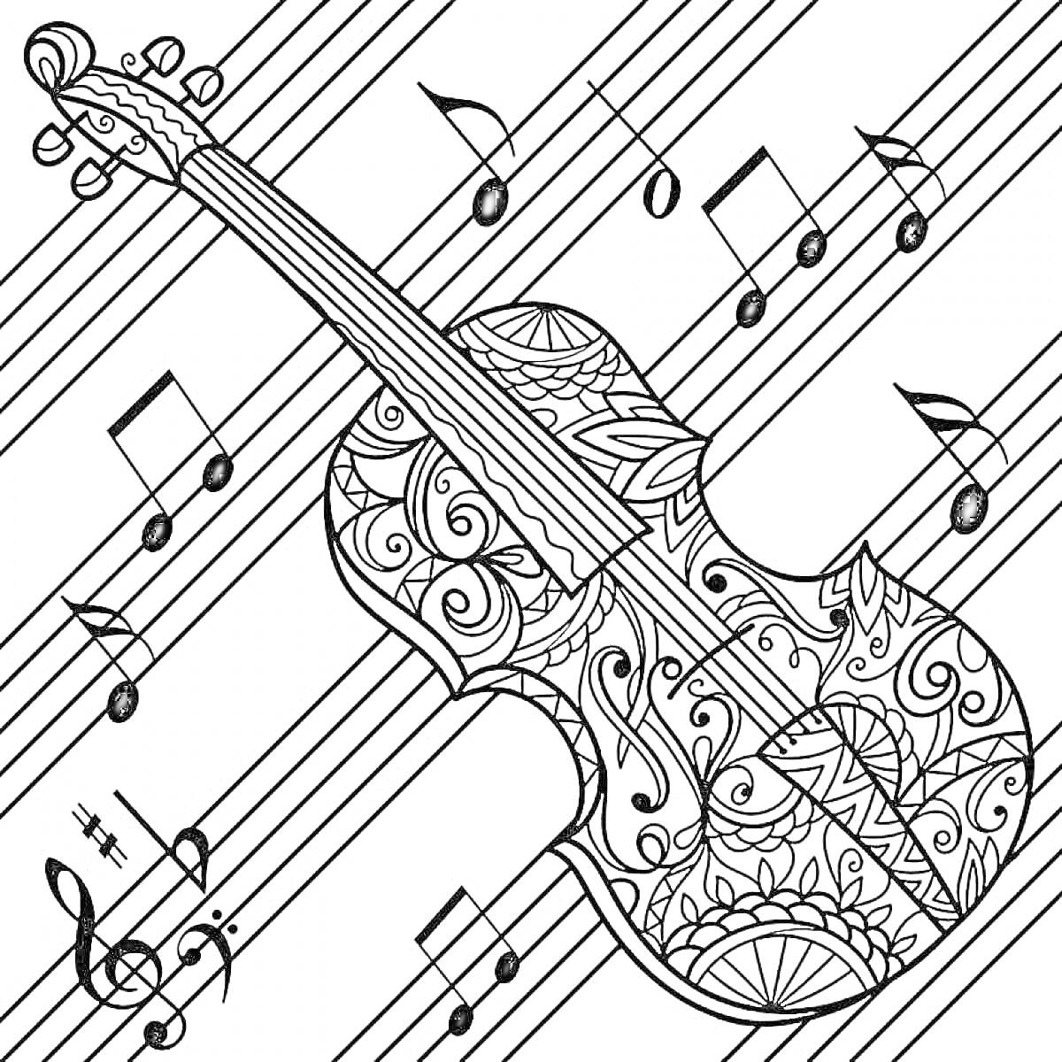 Раскраска Скрипка с узорами на фоне нотных знаков и линейного узора