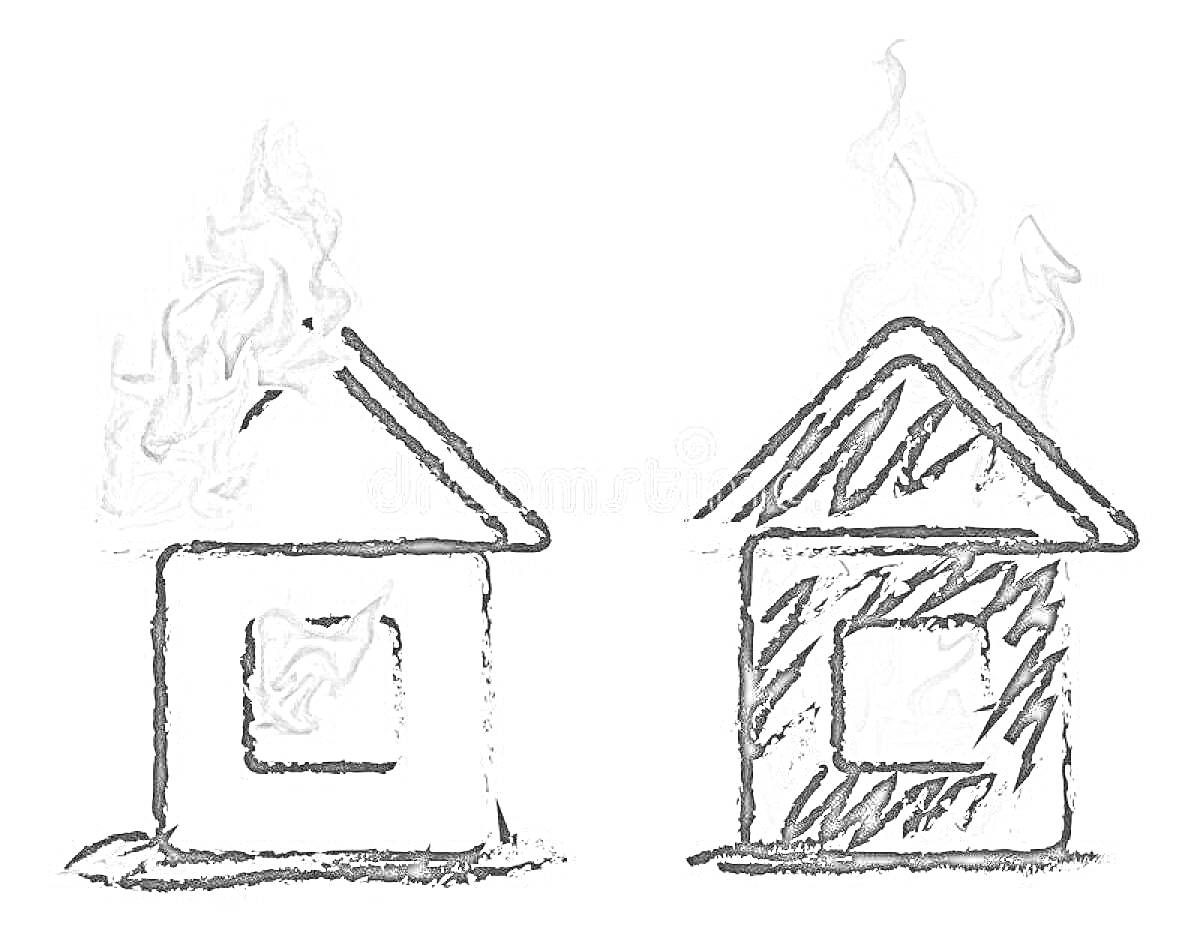 На раскраске изображено: Горящий дом, Пожар, Огонь, Крыша, Пламя