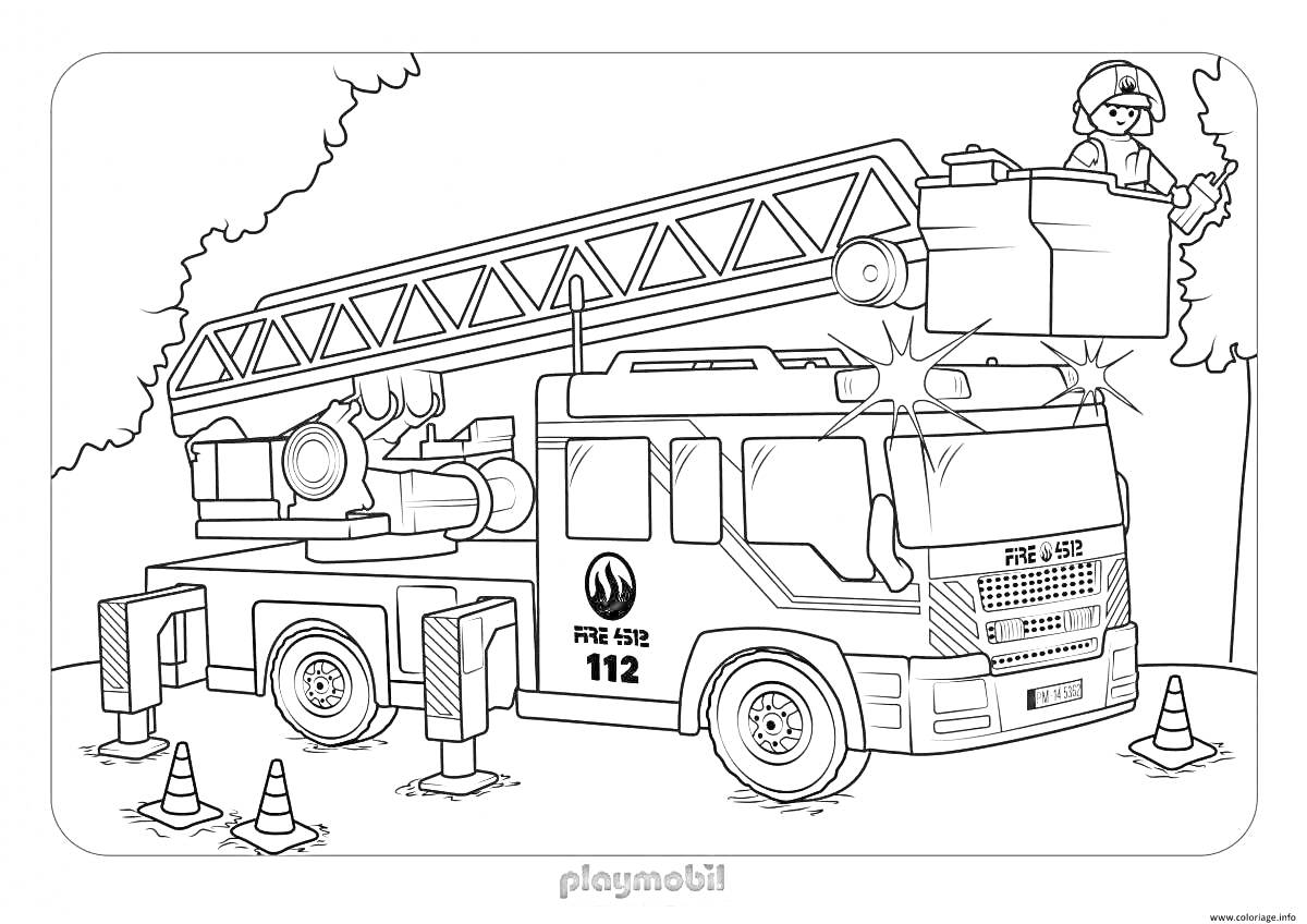 На раскраске изображено: Пожарная машина, Лестница, Дорожные конусы, Пожарная служба, Экстренные службы