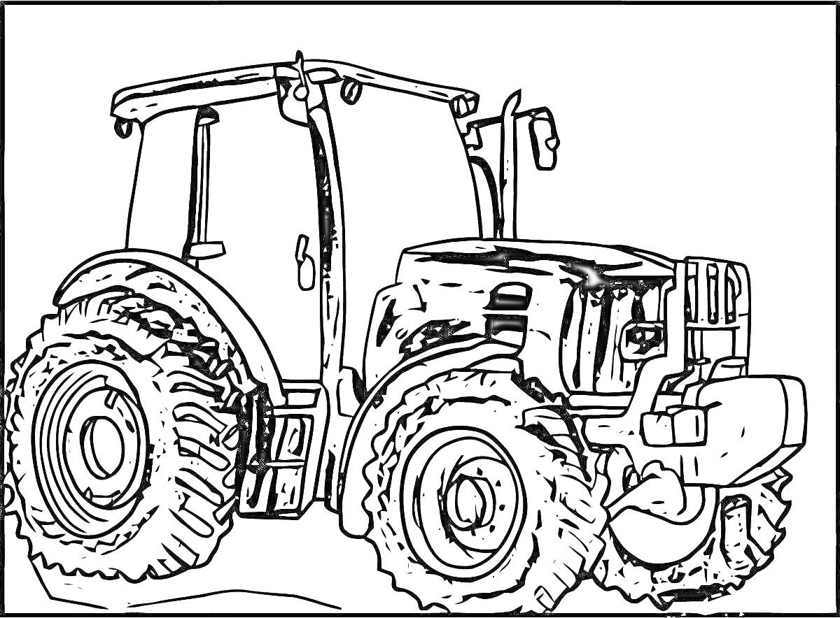 На раскраске изображено: Трактор, Сельская местность, Большие колеса, Кабина водителя, Техника, Сельское хозяйство