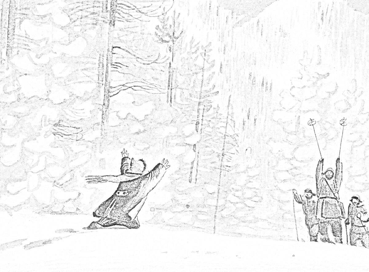 На раскраске изображено: Зима, Лес, Снег, Приветствие, Зимняя одежда, Ёлки, Горы, Аркадий Гайдар