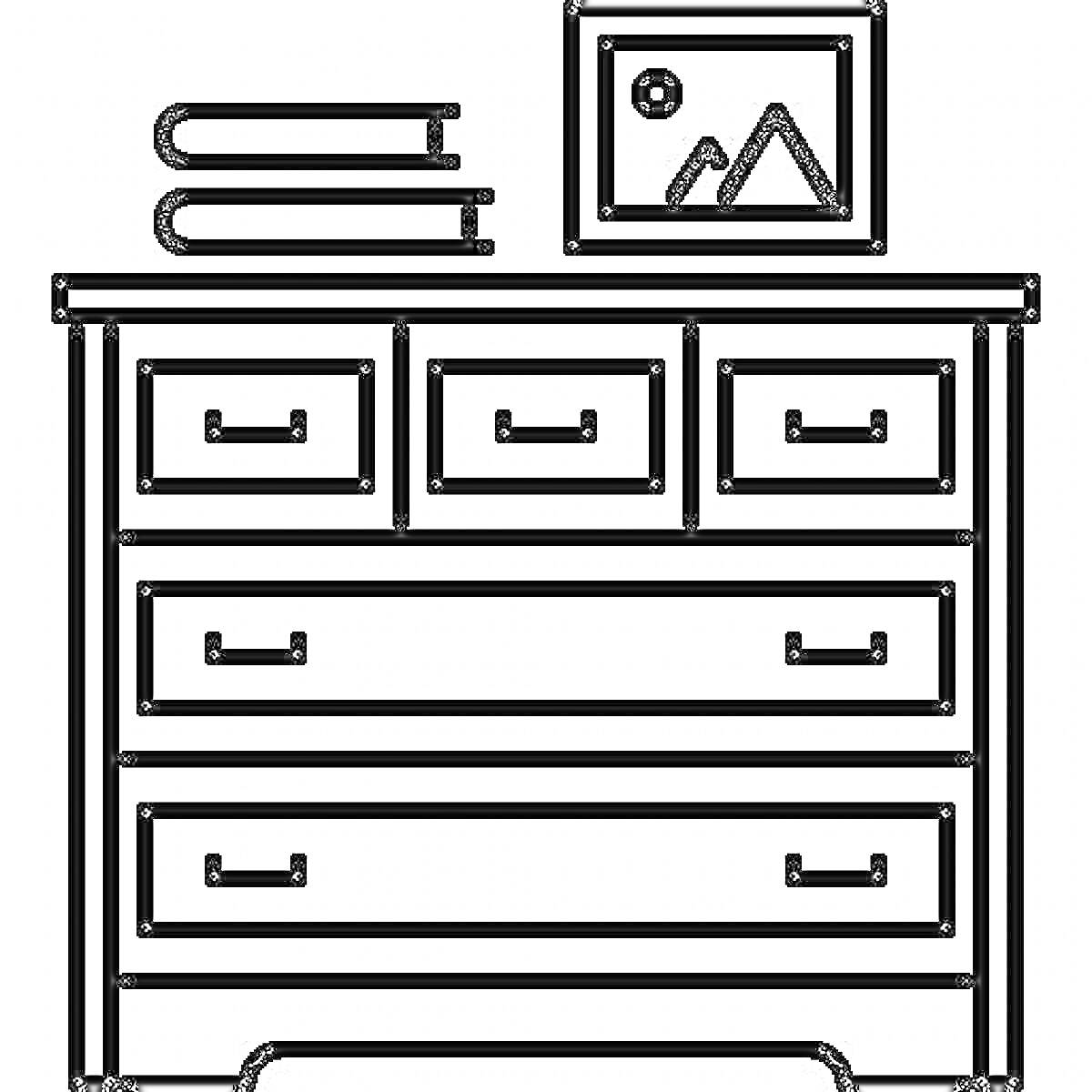 Раскраска Комод с книгами и картиной