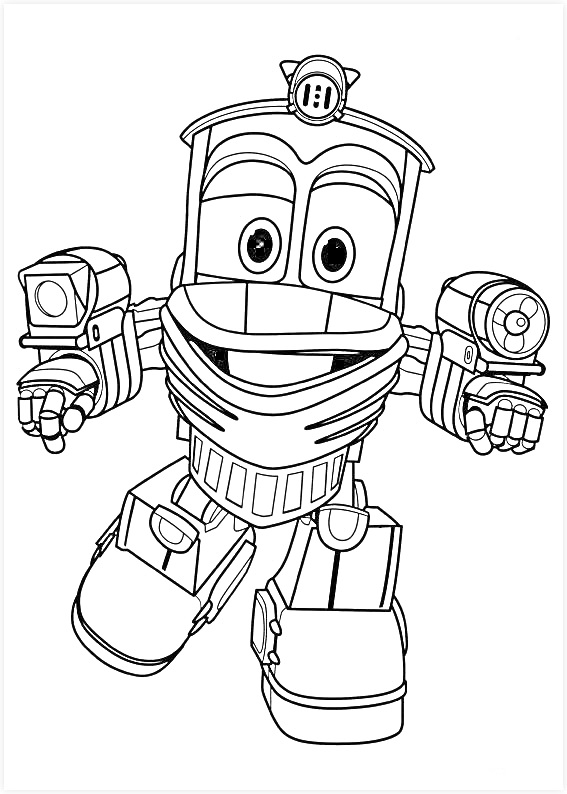 Раскраска Робот поезд с большими глазами и улыбкой, с фонарем на голове и руками-манипуляторами