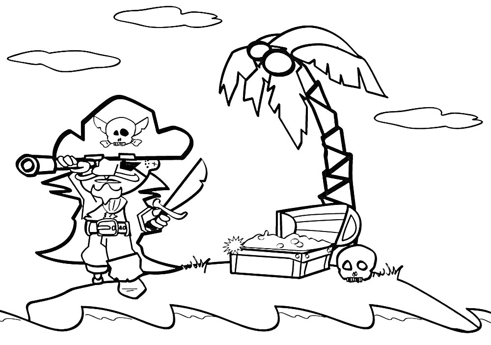 Раскраска Пират с подзорной трубой и мечом на острове с пальмой, сундуком с сокровищами и черепом