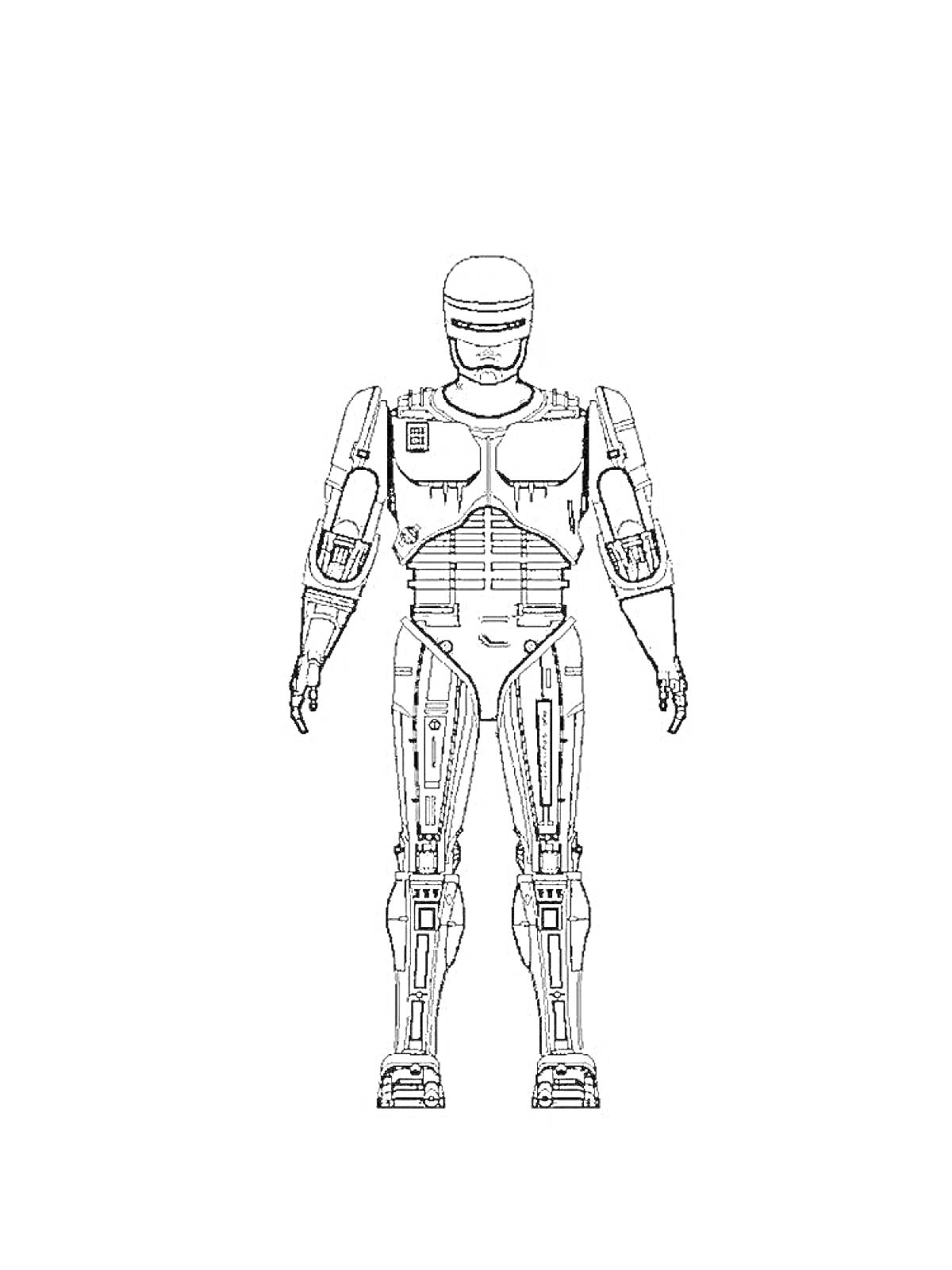 Раскраска Полицейский робот в полном росте с детализированными элементами брони, шлемом и защитными налокотниками и наколенниками