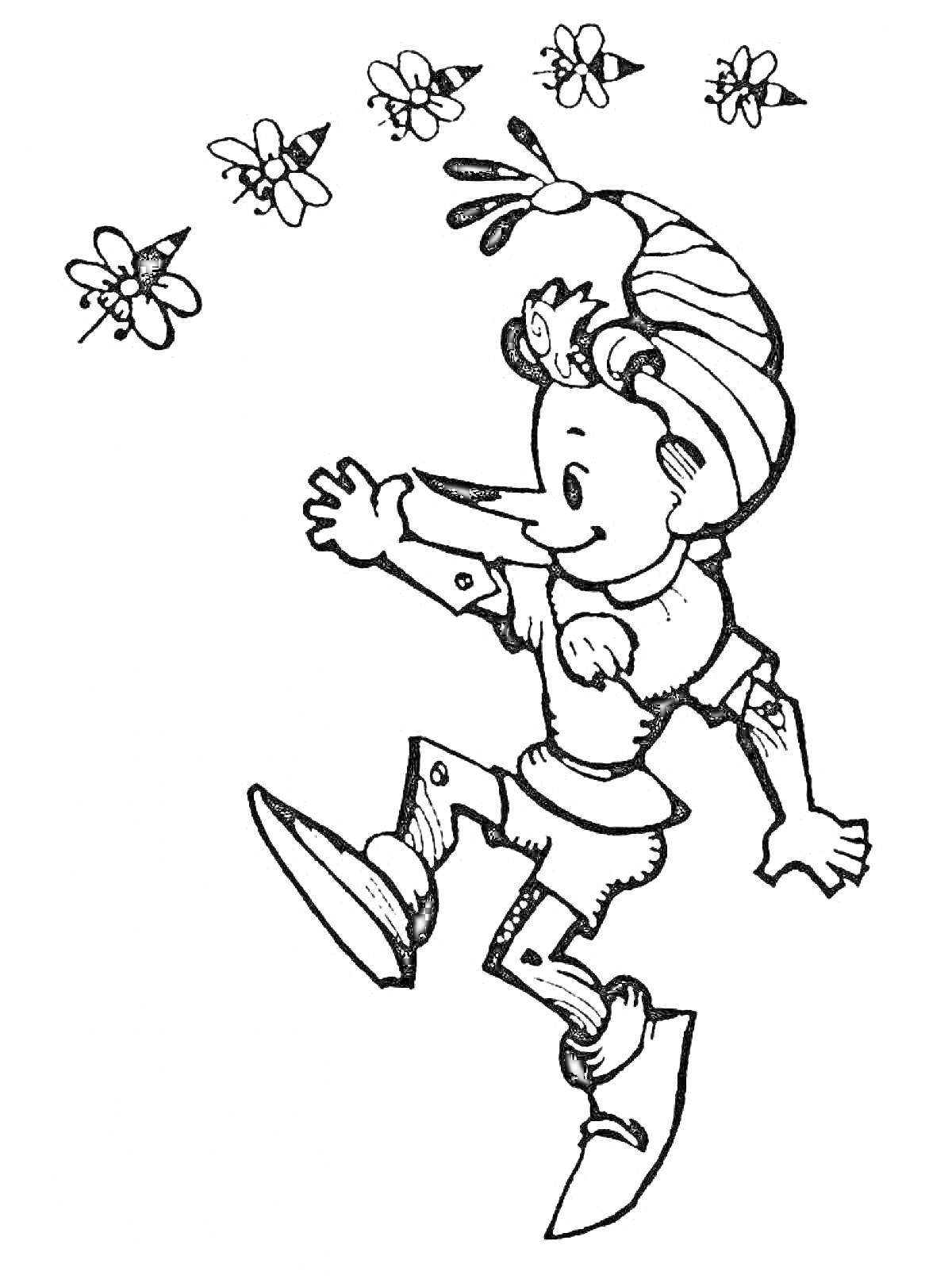 Раскраска Буратино идет, держа руку вверх, над ним летают пчелы
