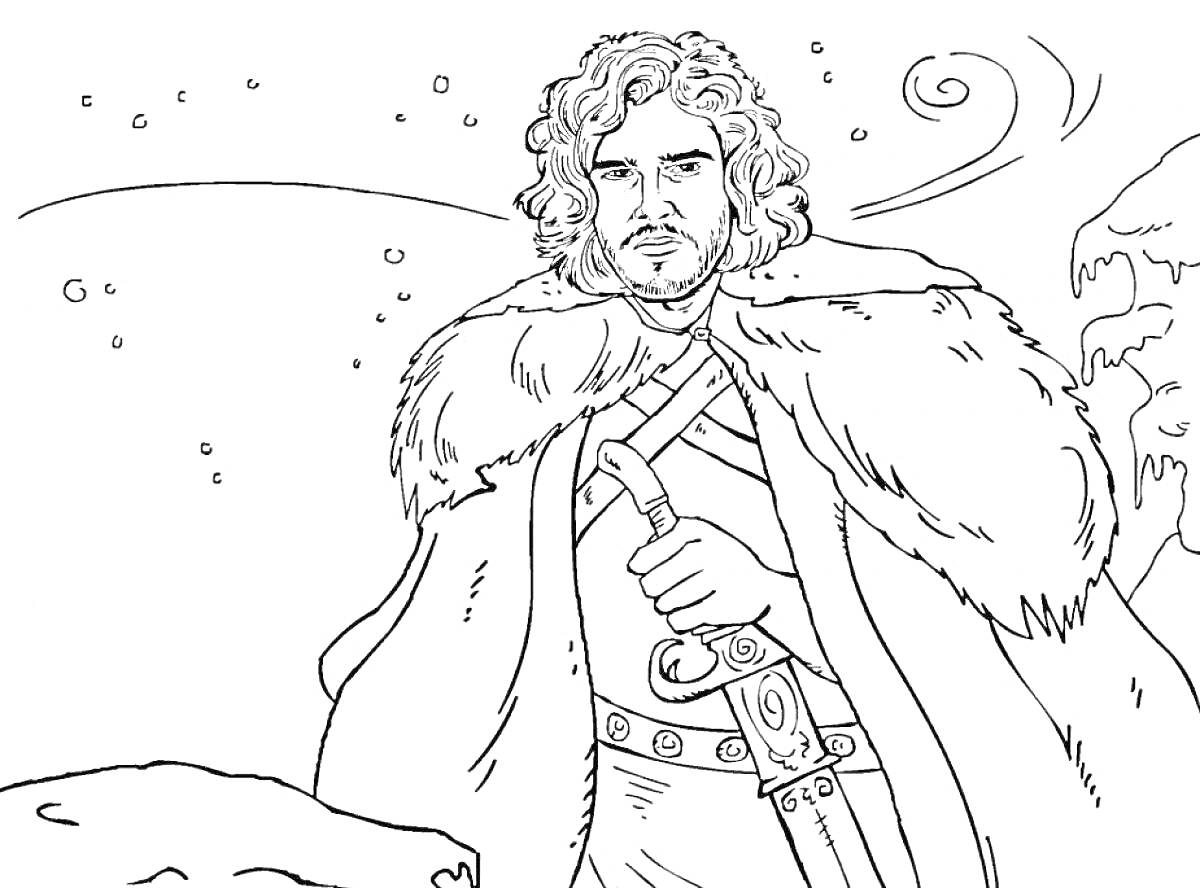Мужчина в меховом плаще с мечом среди снега