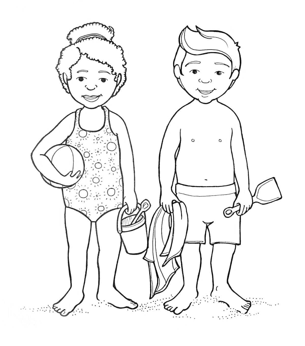 Раскраска Дети на пляже с пляжными принадлежностями: девочка в купальнике с мячом и ведром, мальчик в плавках с ластами и лопатками