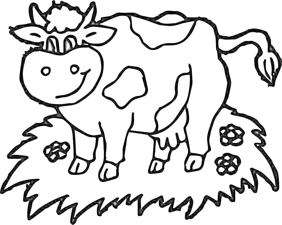 На раскраске изображено: Корова, Трава, Цветы, Животные, Для детей