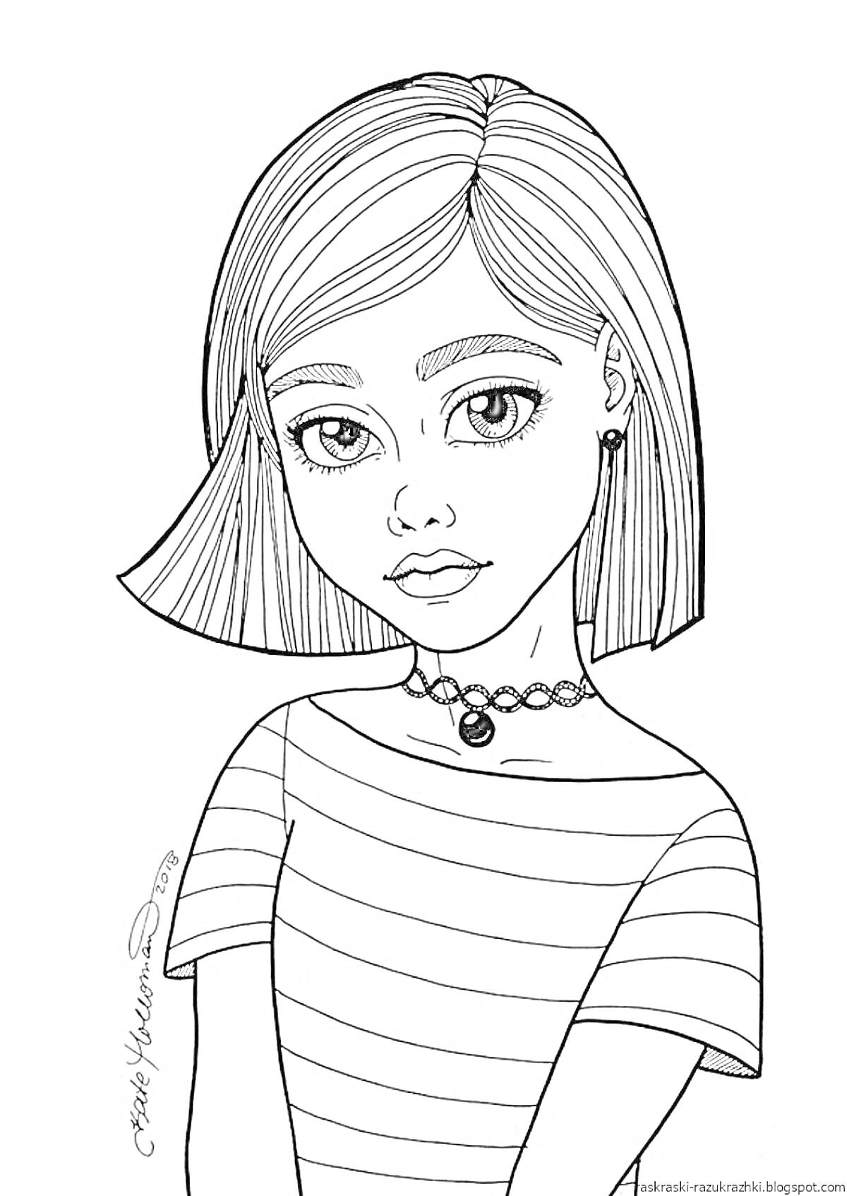 Раскраска Девочка с короткими волосами в полосатой футболке и чокером.