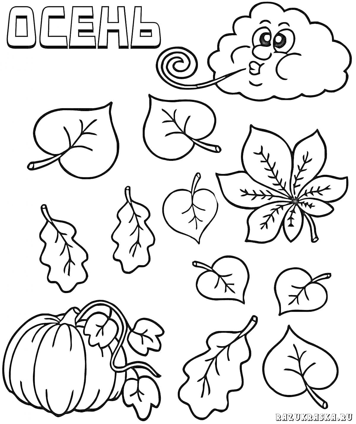 На раскраске изображено: Осень, Листья, Тыква, Для детей, 3-4 года, Времена года