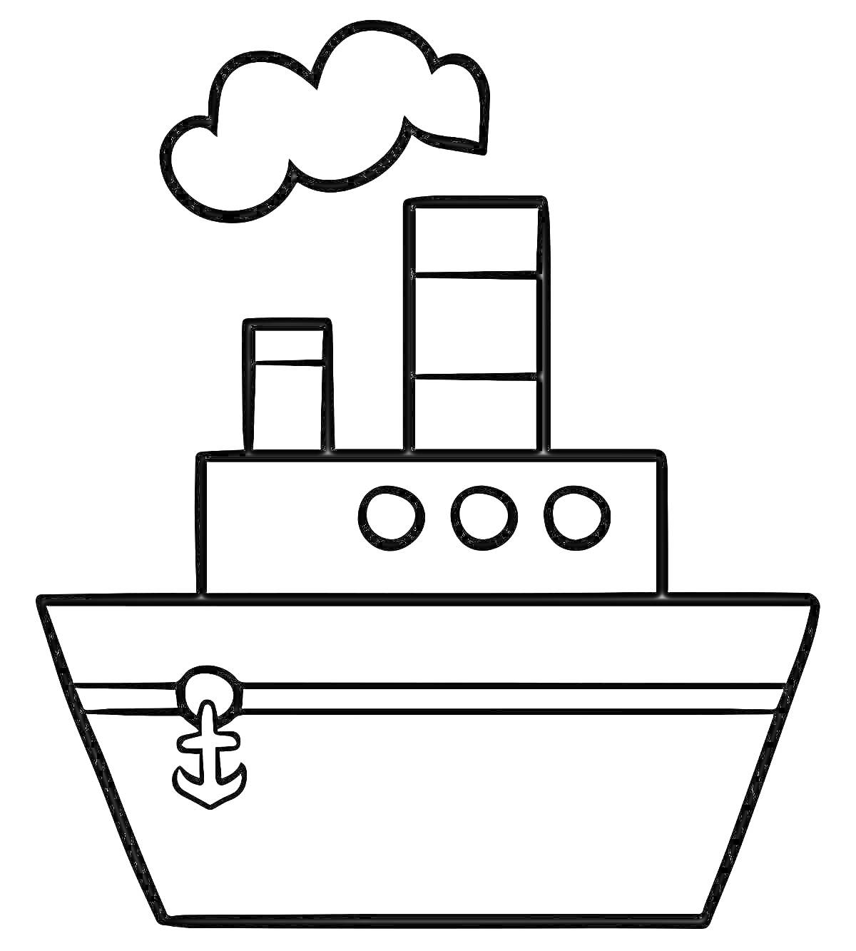 Раскраска Ледокол с двумя трубами, дымом и якорем