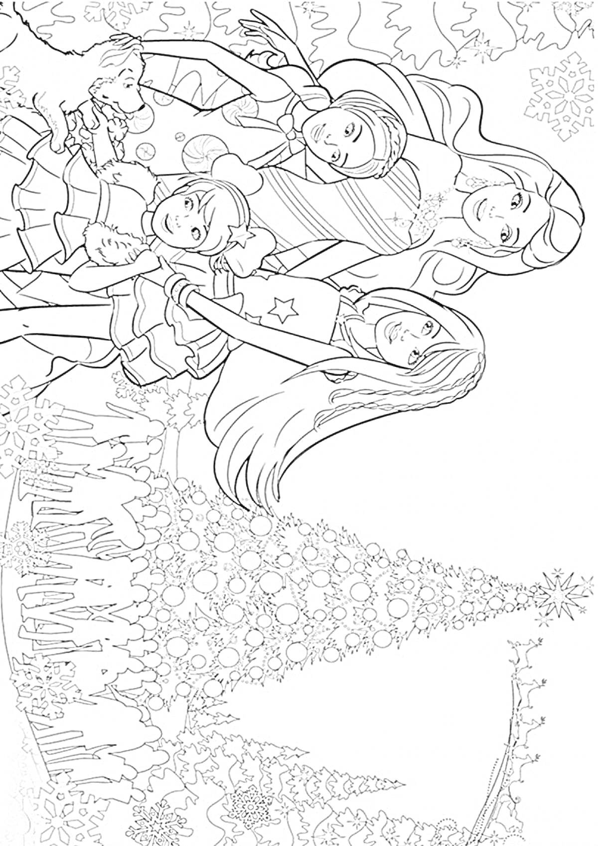 На раскраске изображено: Барби, Новый год, Новогодняя ёлка, Подруги, Праздничная одежда, Снег, Снежинки, Семья, Для детей