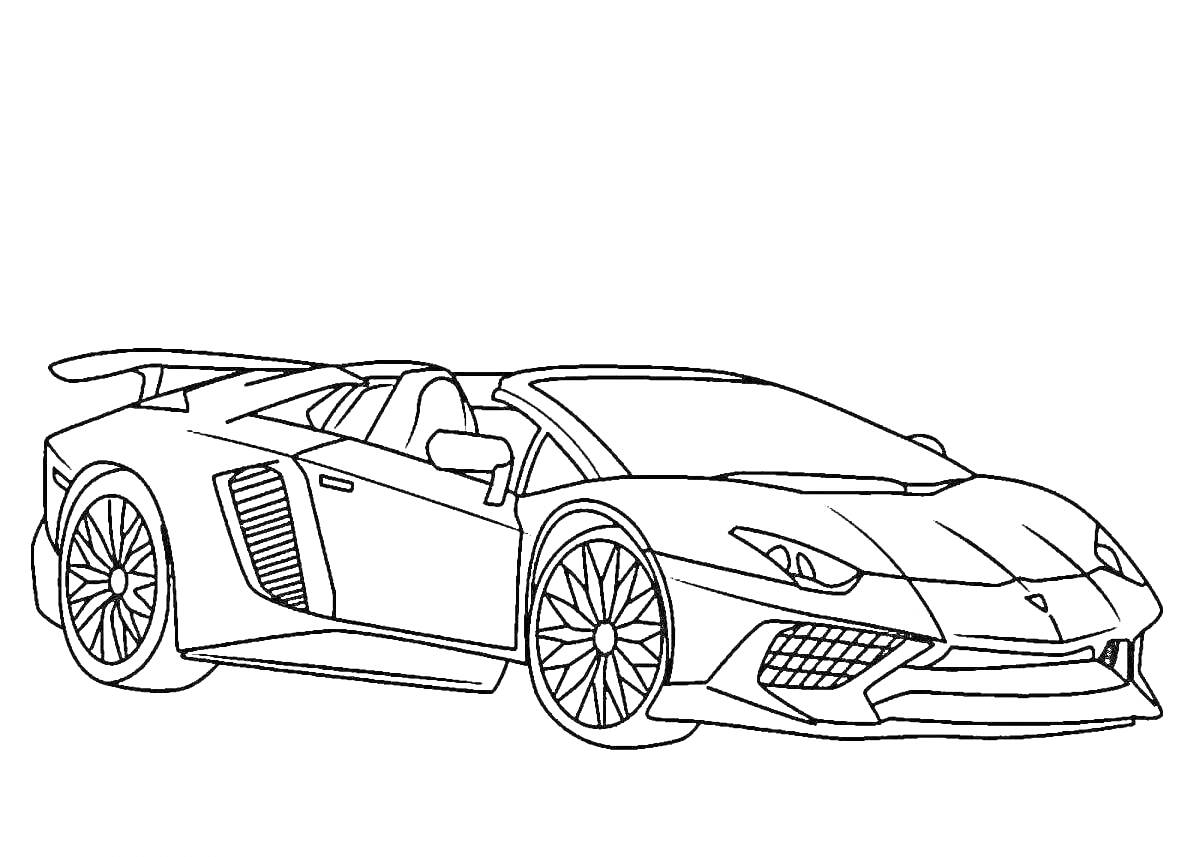 Раскраска Lamborghini с аэродинамическим спойлером, открытым верхом и спортивными деталями