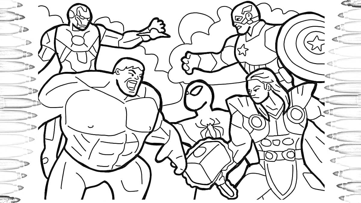 На раскраске изображено: Халк, Человек-Паук, Железный человек, Тор, Капитан америка, Супергерои, Комиксы, Марвел, Для детей