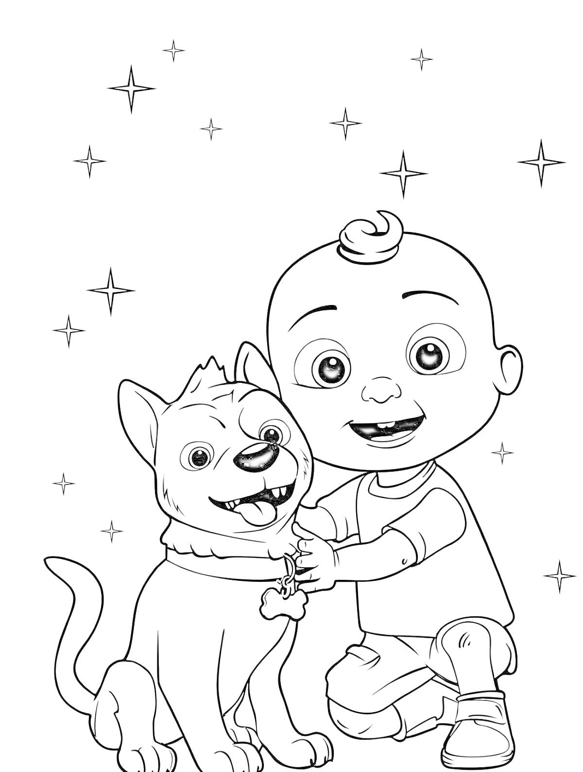 Раскраска Малыш Кокомелон и собака под звездным небом