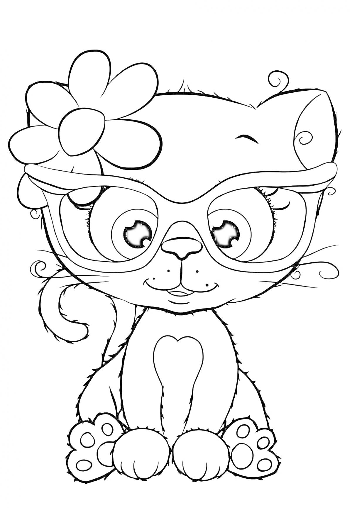 Раскраска Котик с очками и цветком на голове