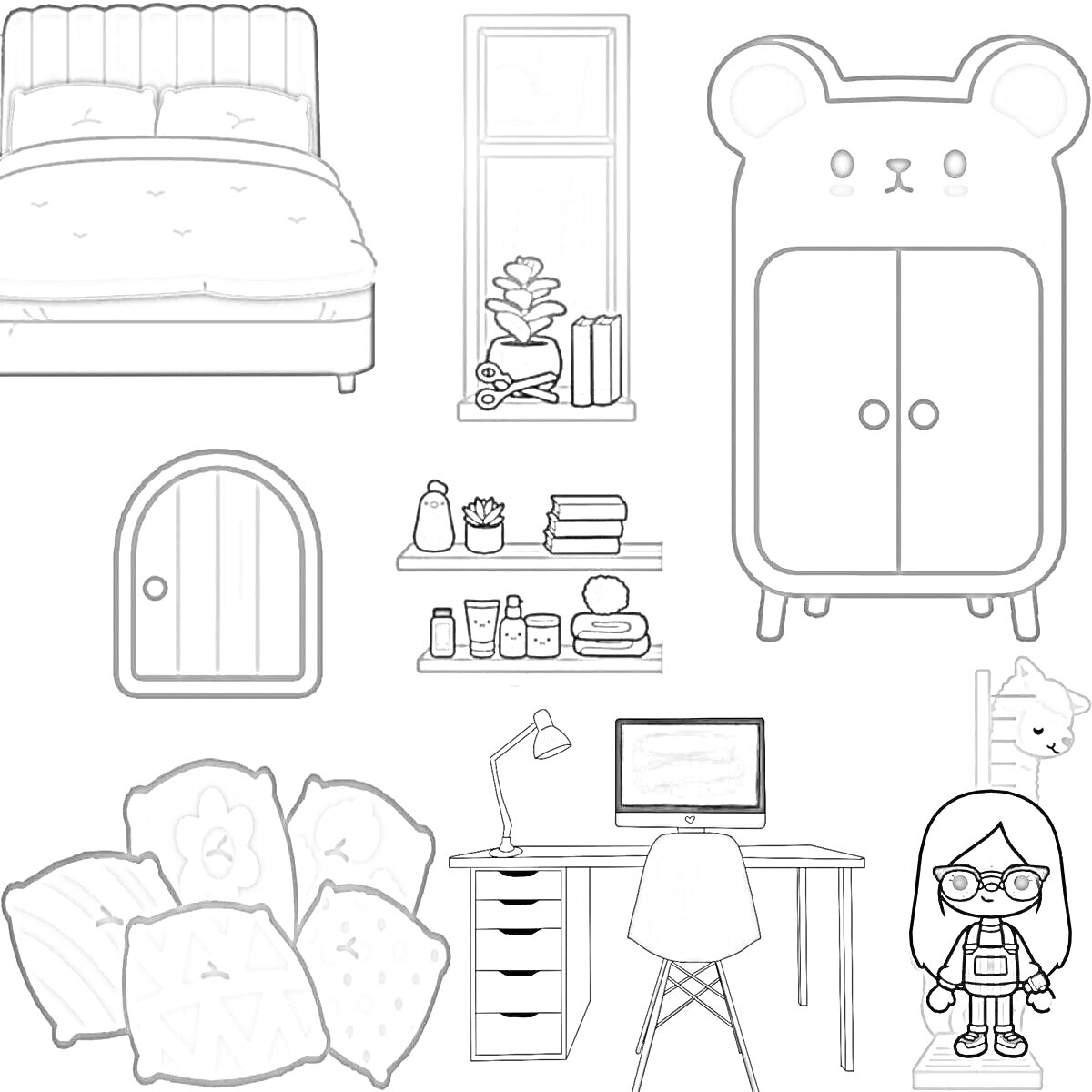 На раскраске изображено: Шкаф, Медведь, Дверь, Полки, Посуда, Письменный стол, Компьютер, Девочка, Кукла, Тока Бока