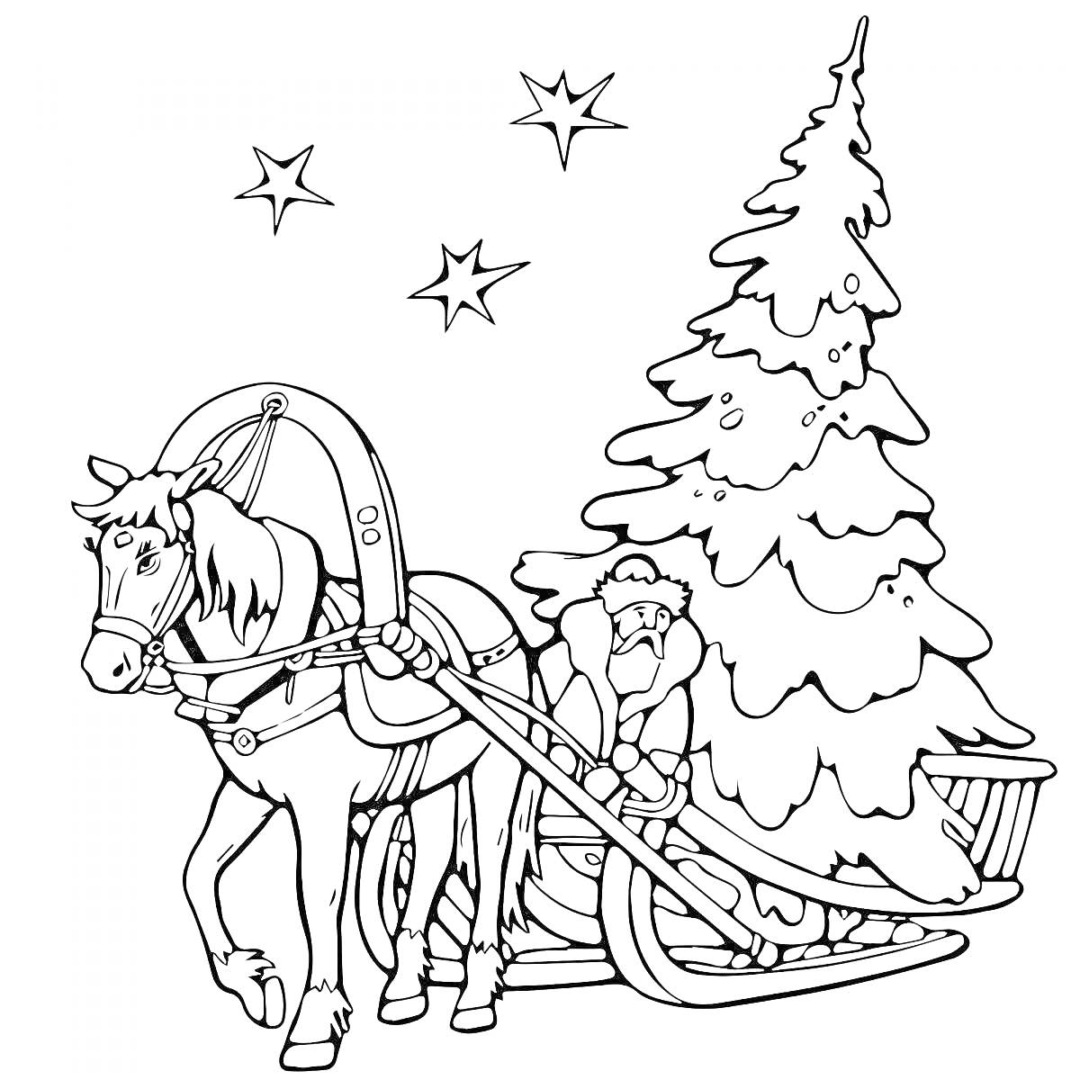Раскраска Дед Мороз в санях с ёлкой, запряженных лошадью, ночное небо со звёздами