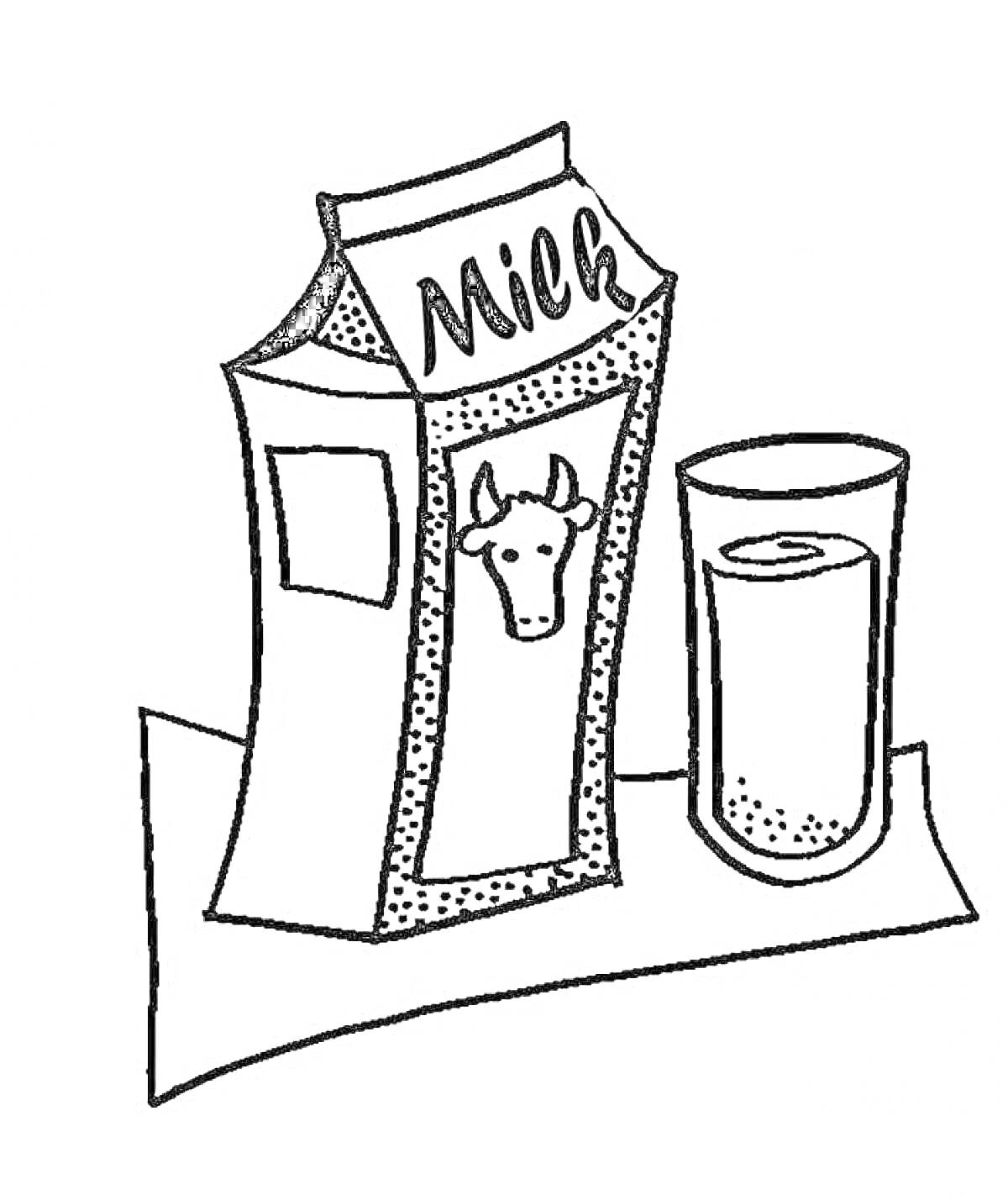 На раскраске изображено: Молоко, Коробка, Стакан, Корова, Напиток, Завтрак, Салфетки
