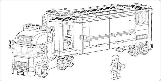 Раскраска Полицейский грузовик LEGO с минифигуркой