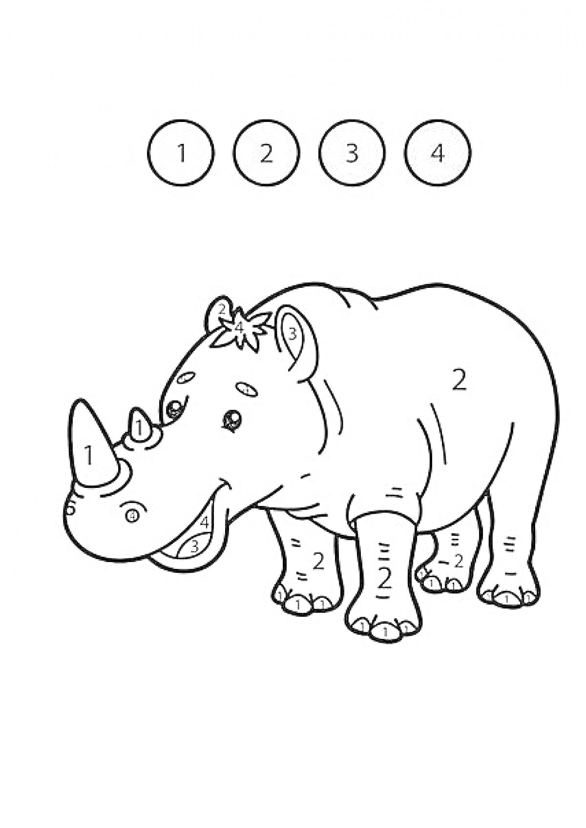 Раскраска Раскраска математическая. Носорог с обозначением чисел для выбора цвета (1 - голубой, 2 - зеленый, 3 - розовый, 4 - коричневый)