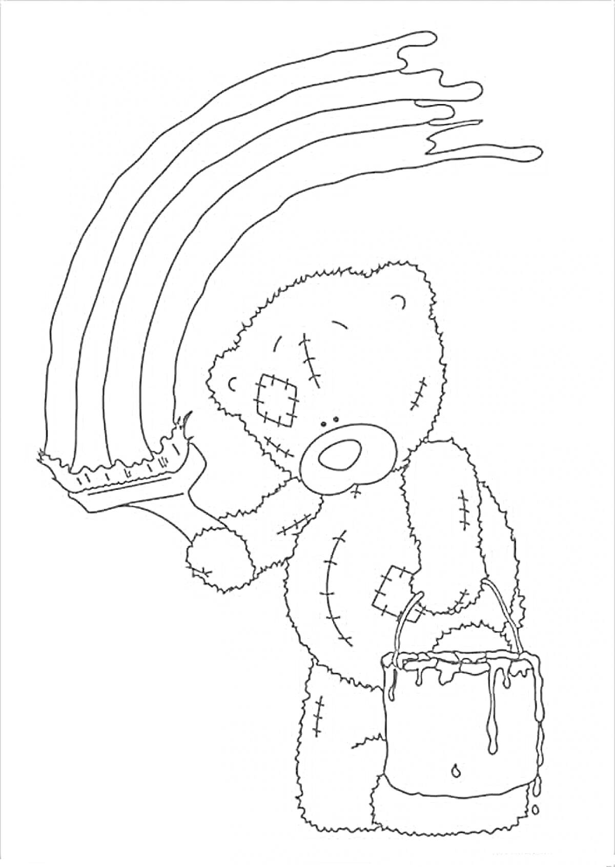 На раскраске изображено: Плюшевый медведь, Творчество, Искусство, Ведёрко, Детские, Кисточки, Краски, Медведь, Радуги