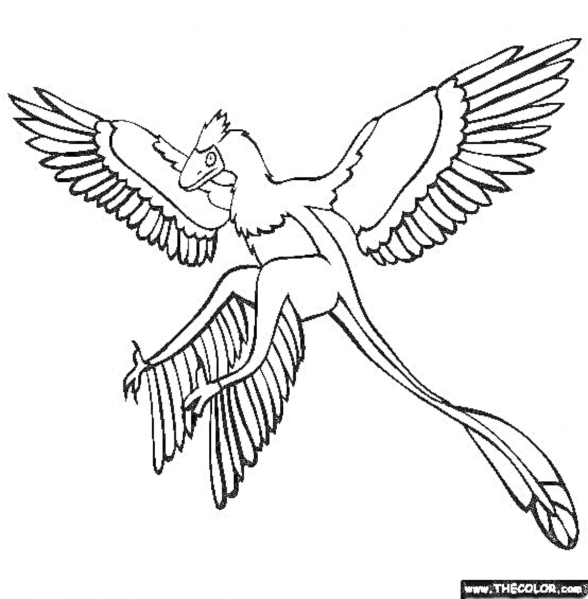 Летящий археоптерикс с расправленными крыльями и длинным хвостом