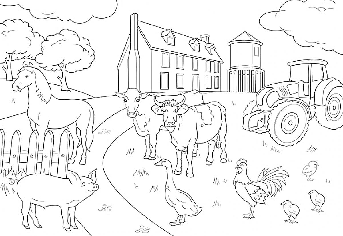 Раскраска Деревенский двор с домашними животными, лошадь, коровы, трактор, поросёнок, гусь, петух, цыплята и дом
