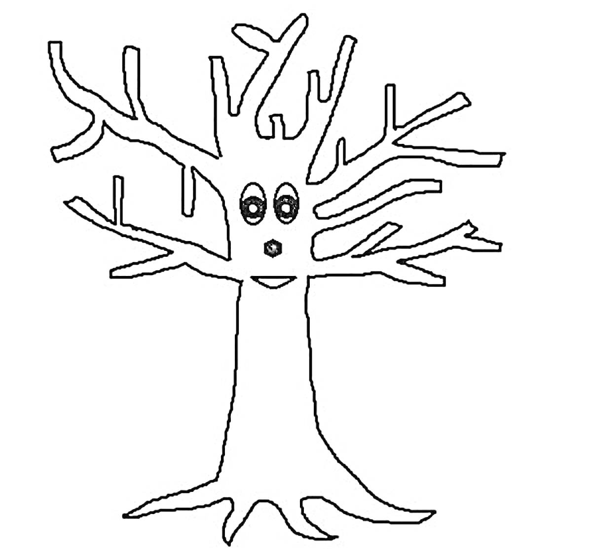 Раскраска Дерево с глазами, ртом и носом, с ветвями без листьев