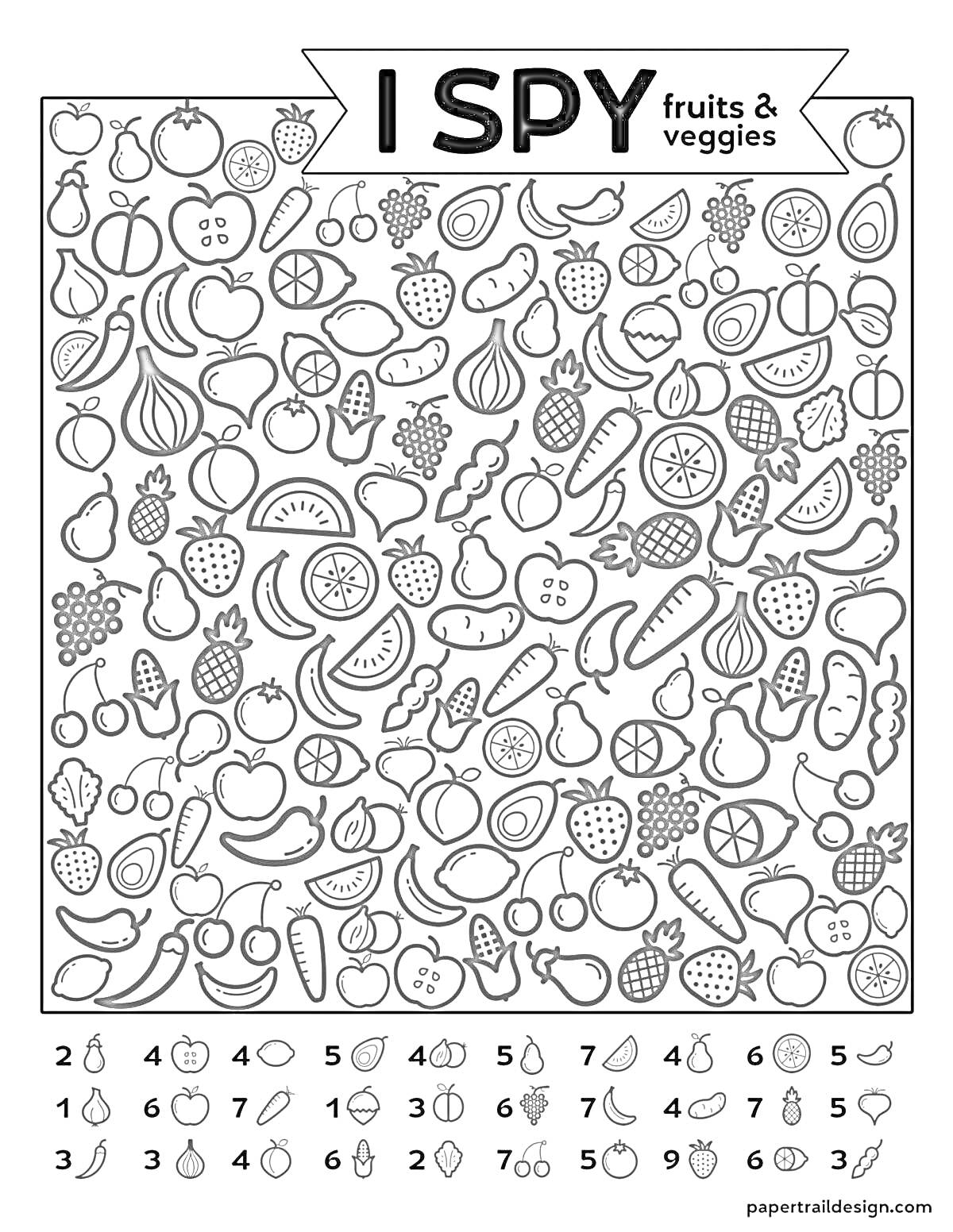 Раскраска Найди: яблоко (2), банан (6), морковь (2), брокколи (6), виноград (5), кукуруза (7), апельсин (5), клубника (3), лимон (4), перец (8), арбуз (9), груша (5), авокадо (3), ананас (7), репчатый лук (5).
