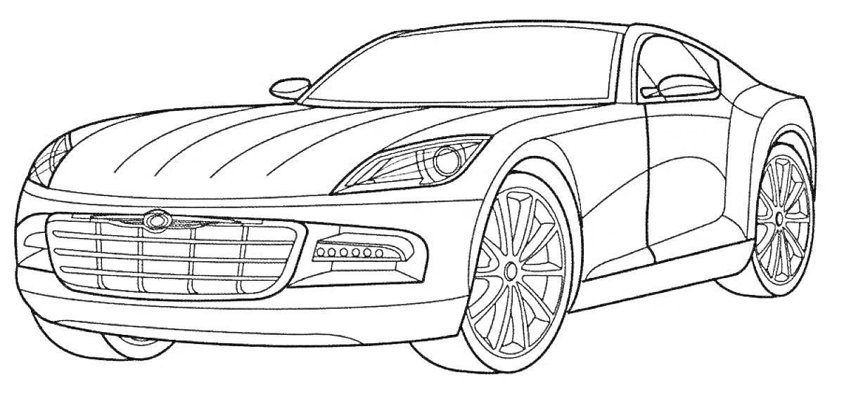 Раскраска Линия чертежа спортивного автомобиля с деталями кузова, передними фарами и колесами