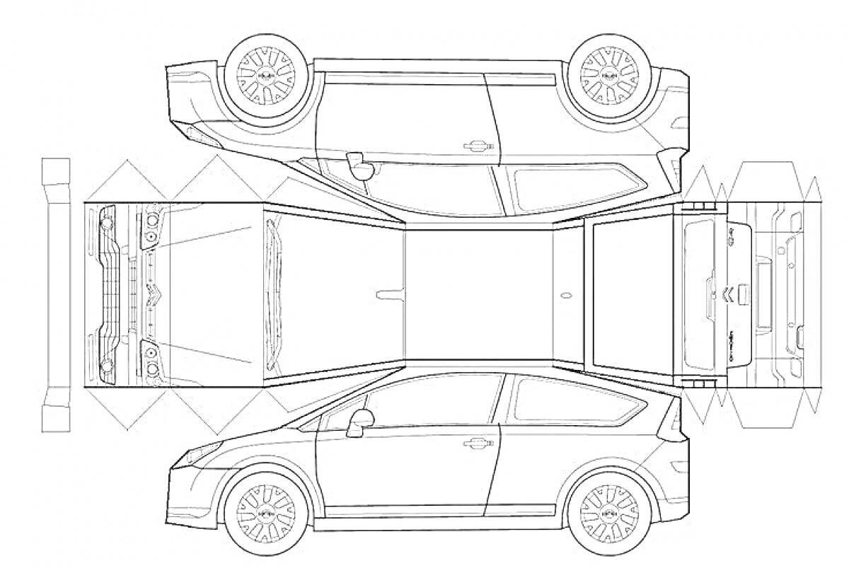 Раскраска Шаблон автомобиля из бумаги с четырьмя колесами, боковыми дверями, капотом и багажником