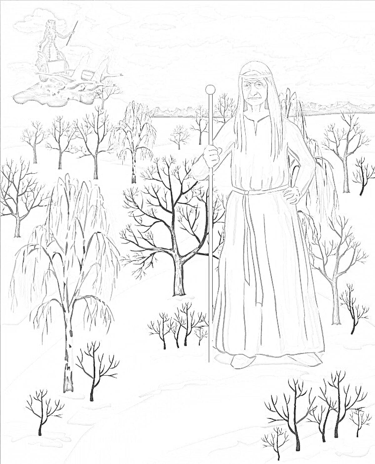 Раскраска Старуха Зима с посохом на заснеженной поляне с деревьями, летающая ведьма на метле и снеговик на заднем плане