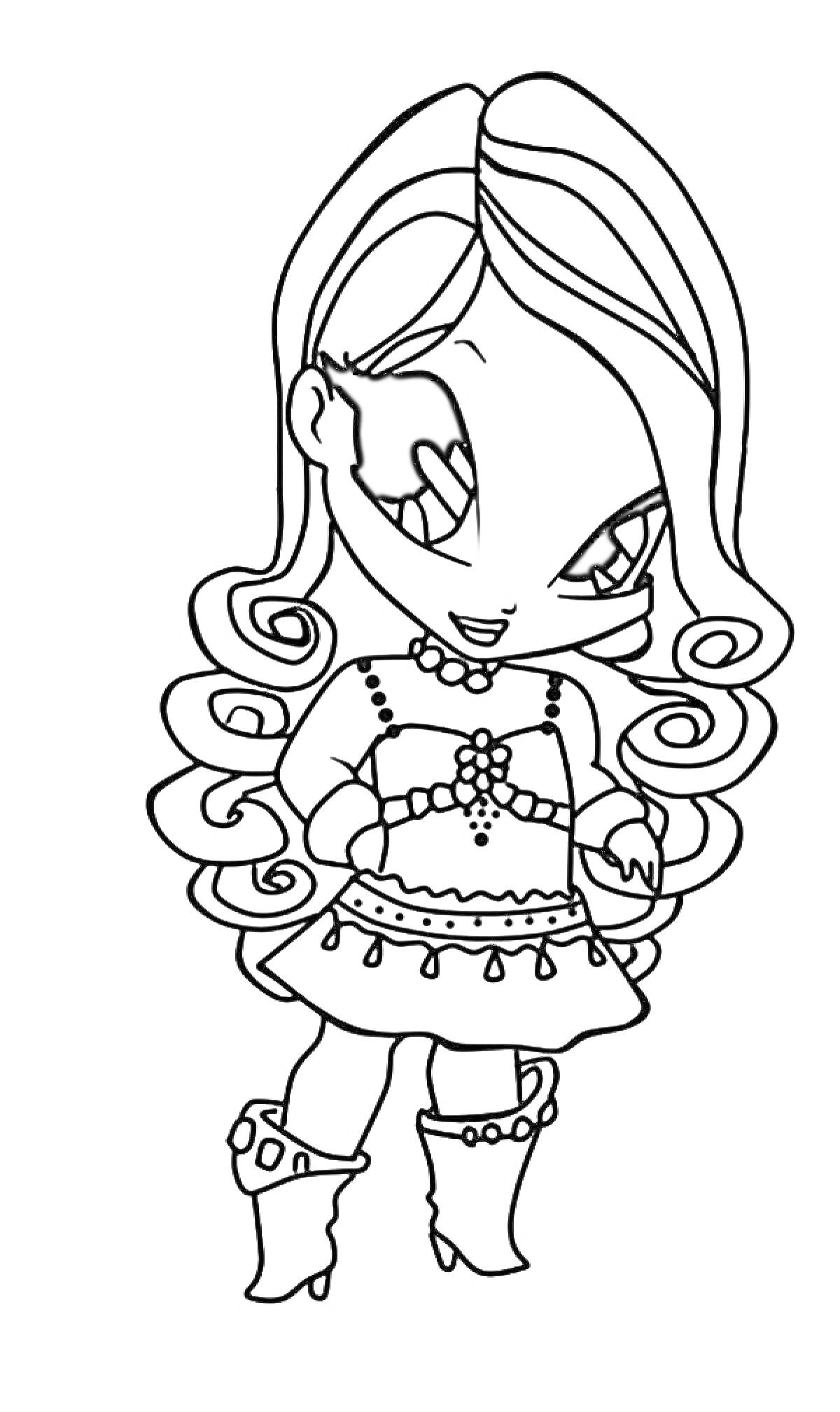 Раскраска Девочка Поппикси с длинными волнистыми волосами, в платье с узором и сапогах на каблуке