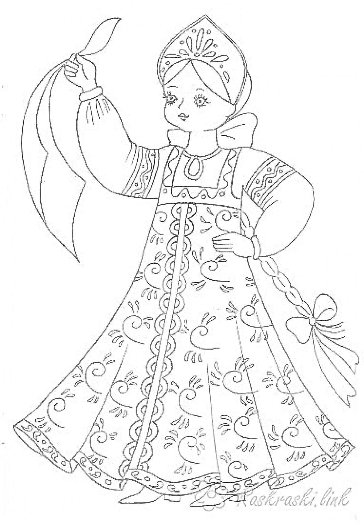 Раскраска Девочка в русском народном костюме с кокошником и платком в руке