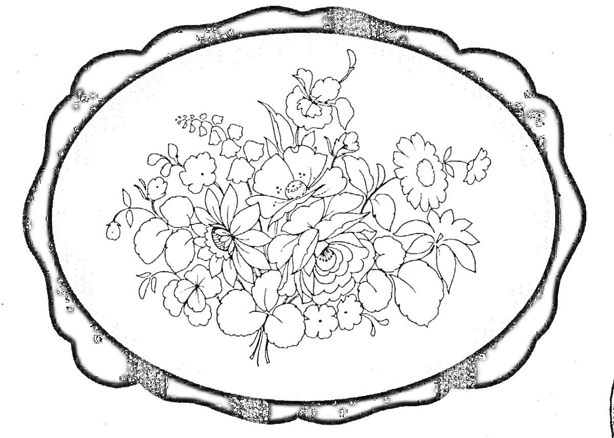 Жостовский поднос с букетом полевых цветов, включает цветы разных форм и размеров, центральное расположение букета, овальная форма подноса с волнистыми краями