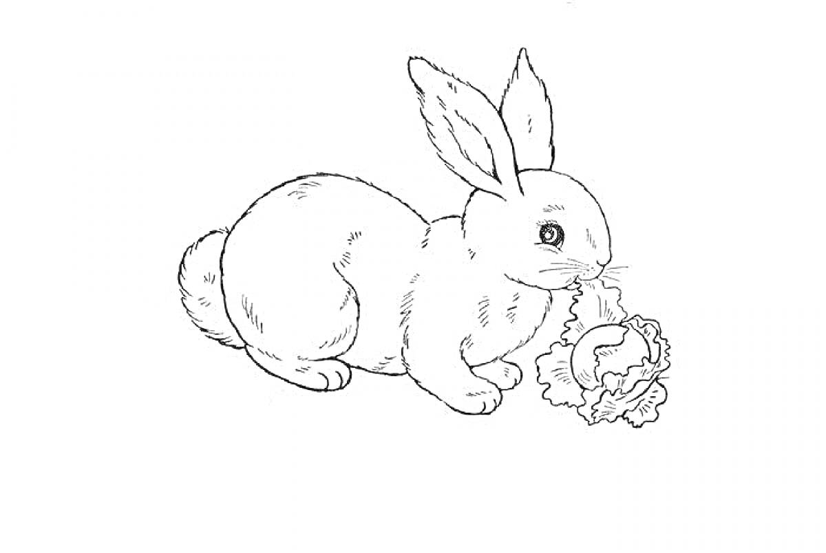 На раскраске изображено: Кролик, Капуста, На природе, Уши