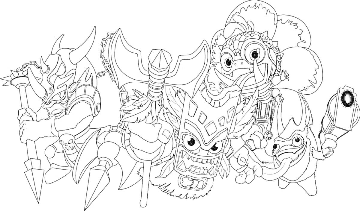 Раскраска Герои Гуджитцу с различным оружием и масками