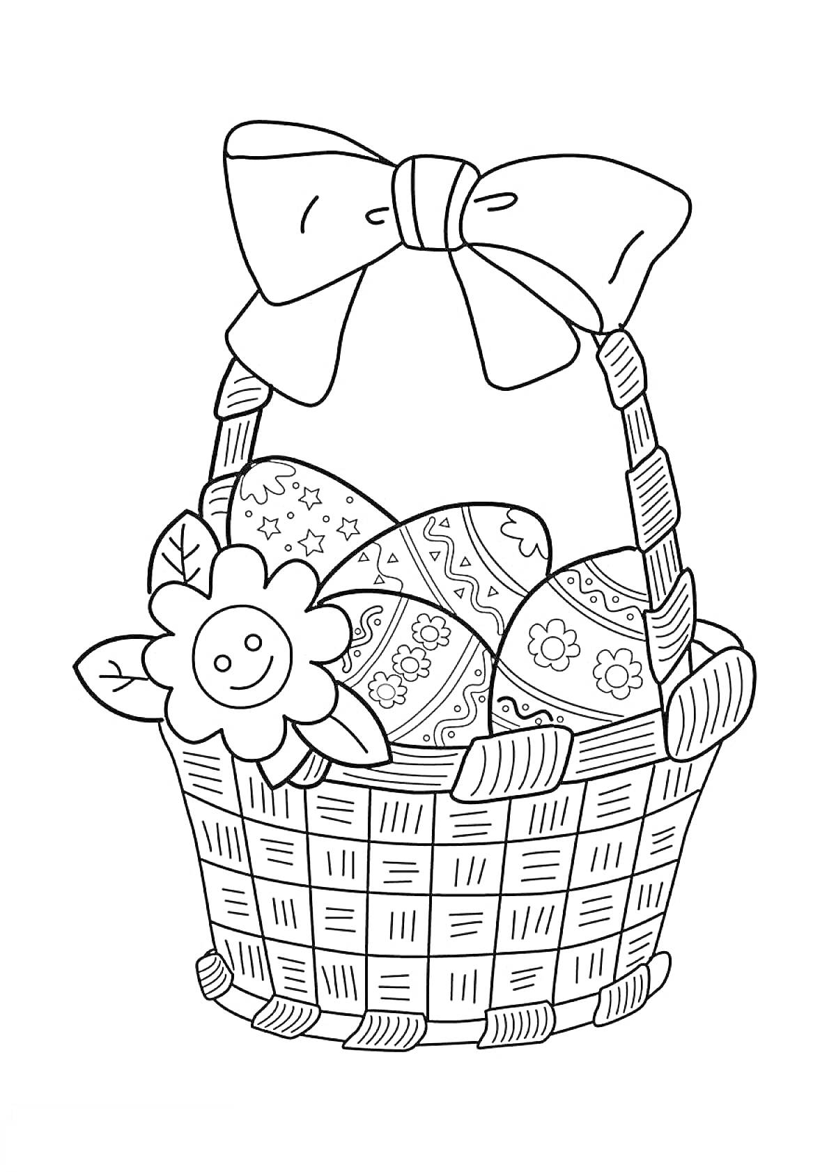 Раскраска Корзинка с цветком и пасхальными яйцами